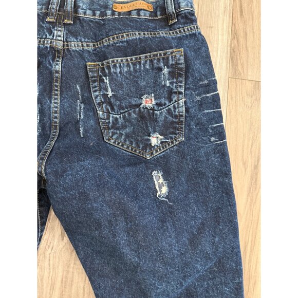 Y2K Evolution In Design Distressed Denim Shorts 38 Patches Frayed Hip Hop Skater - Picture 9 of 10
